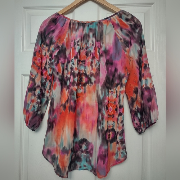 Saks Fifth Avenue Black Label Semi Sheer Multi Coloured Blouse Size Small - Picture 2 of 10